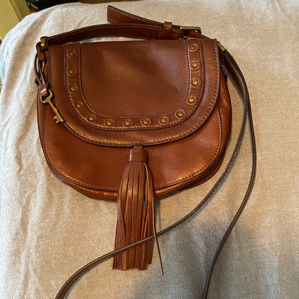 Fossil Brown Leather Crossbody Saddle Bag with Tassel